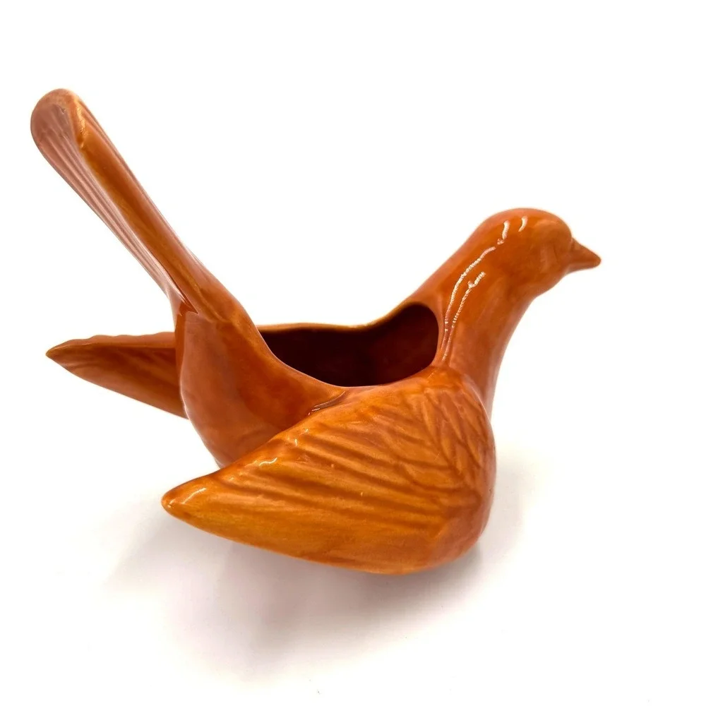 The Pigeon Hole Orange Ceramic Bird Planter Vintage Glazed Pigeon Figurine Texas